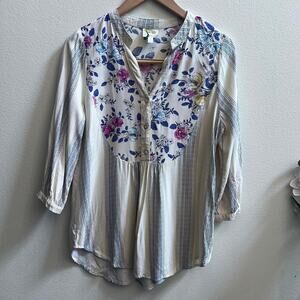 Figueroa & Flowers Blue Stripe Long Sleeve Blouse Pink Cream Floral Womens Small